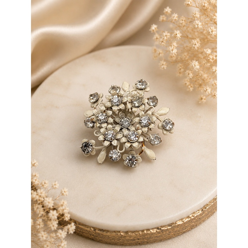 Vintage White Enamel Rhinestone Flower Cluster‎ Brooch Pin 3D Bouquet 1.75 inch